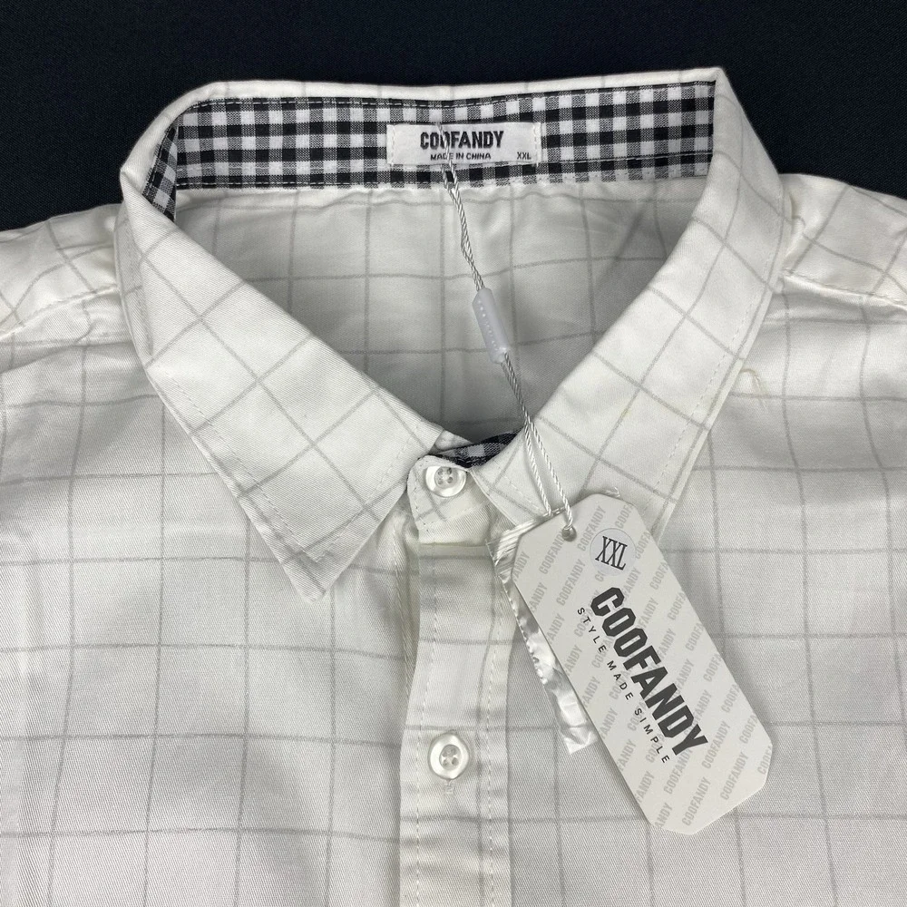 COOFANDY Shirt Mens XXL White w/Gray Checks Buffalo Check Flip Cuffs NWT!